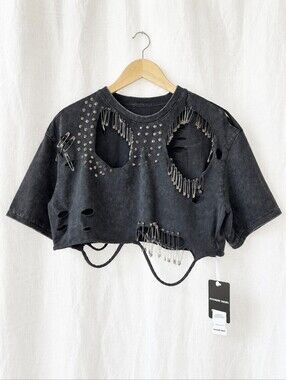 Innovare Denim NWT Studded Safety Pin Cutout Crop Tee 100% Cotton L